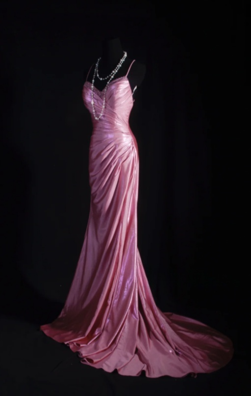Chic Spaghetti Strap Sheath Pink Long Prom Dresses Silk Pleated Pink Evening Dresses ED04930