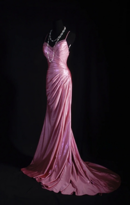 Chic Spaghetti Strap Sheath Pink Long Prom Dresses Silk Pleated Pink Evening Dresses ED04930