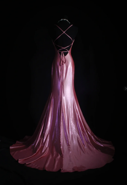 Chic Spaghetti Strap Sheath Pink Long Prom Dresses Silk Pleated Pink Evening Dresses ED04930