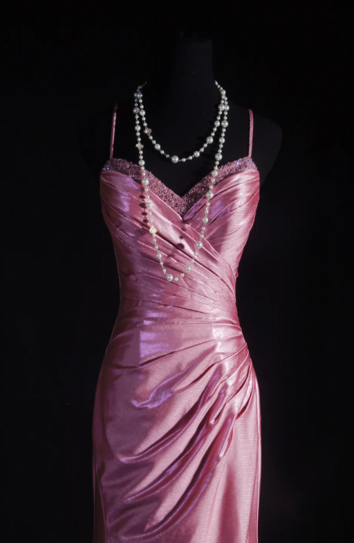 Chic Spaghetti Strap Sheath Pink Long Prom Dresses Silk Pleated Pink Evening Dresses ED04930
