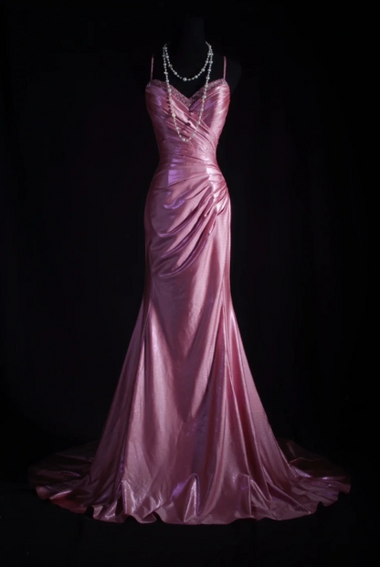 Chic Spaghetti Strap Sheath Pink Long Prom Dresses Silk Pleated Pink Evening Dresses ED04930