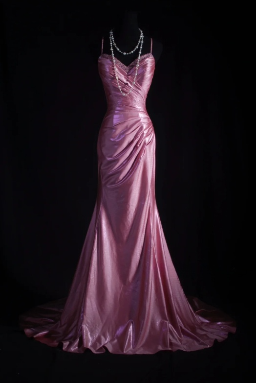 Chic Spaghetti Strap Sheath Pink Long Prom Dresses Silk Pleated Pink Evening Dresses ED04930