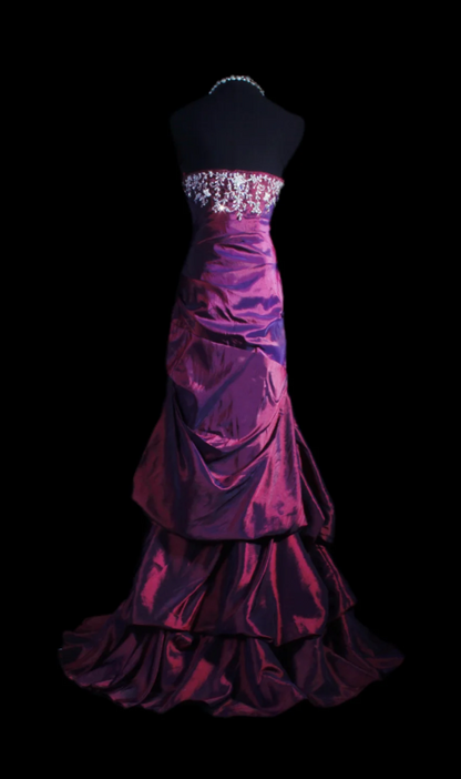 Cute Strapless Sheath Purple Long Prom Dresses Taffeta Rhinestone Applique Purple Evening Dresses Sweet 16 Dresses ED04931