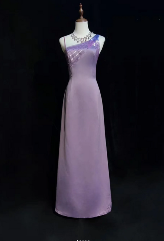 Vintage Asymmetric Neck Sheath Lavender Long Prom Dresses Satin Lavender Evening Dresses ED04932
