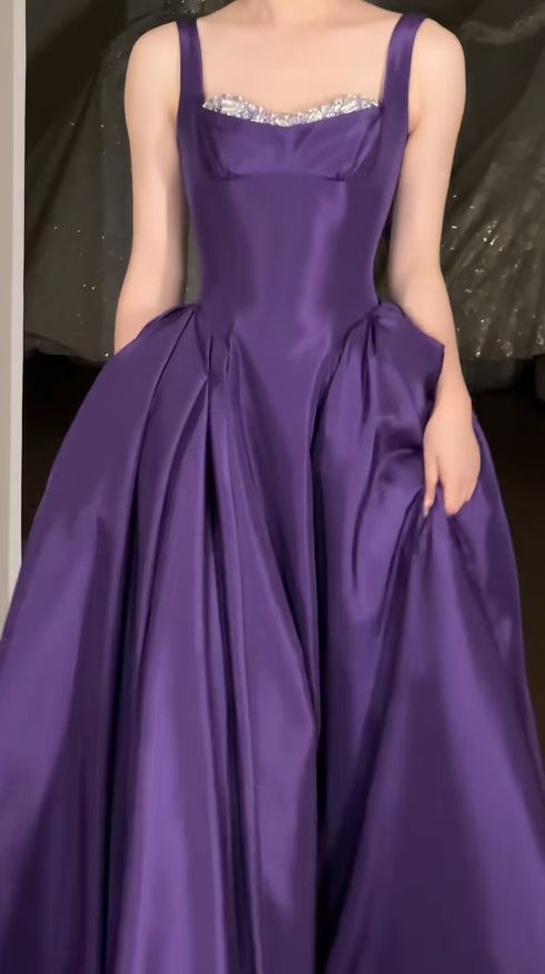 Glam Strap Ball Gown Purple Long Prom Dresses Satin Purple Long Birthday Dresses ED04933