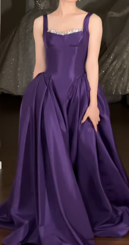 Glam Strap Ball Gown Purple Long Prom Dresses Satin Purple Long Birthday Dresses ED04933