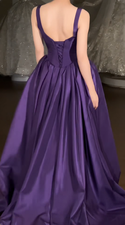Glam Strap Ball Gown Purple Long Prom Dresses Satin Purple Long Birthday Dresses ED04933