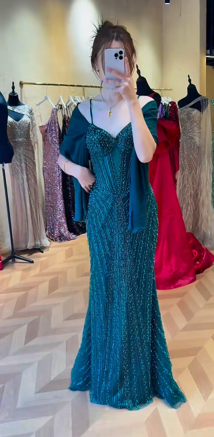 Glam Spaghetti Strap Mermaid Teal Long Prom Dresses Tulle Beaded Teal Wedding Guest Dresses ED04934