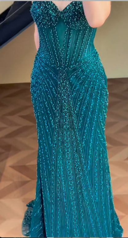 Glam Spaghetti Strap Mermaid Teal Long Prom Dresses Tulle Beaded Teal Wedding Guest Dresses ED04934