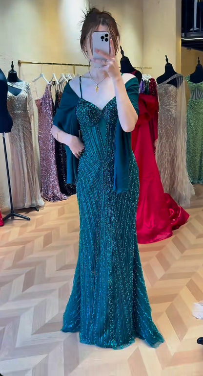 Glam Spaghetti Strap Mermaid Teal Long Prom Dresses Tulle Beaded Teal Wedding Guest Dresses ED04934