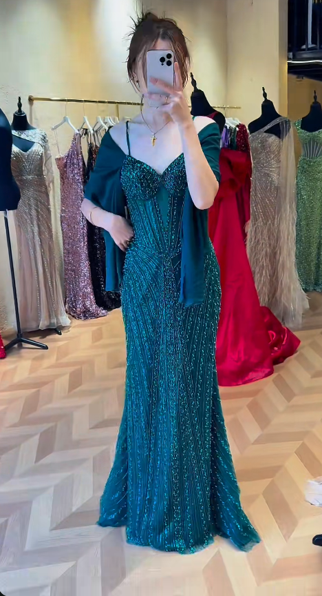 Glam Spaghetti Strap Mermaid Teal Long Prom Dresses Tulle Beaded Teal Wedding Guest Dresses ED04934