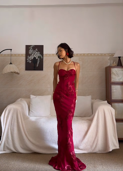 Sexy Spaghetti Strap Mermaid Burgundy Long Prom Dresses Chiffon Applique Burgundy Formal Dresses ED04935
