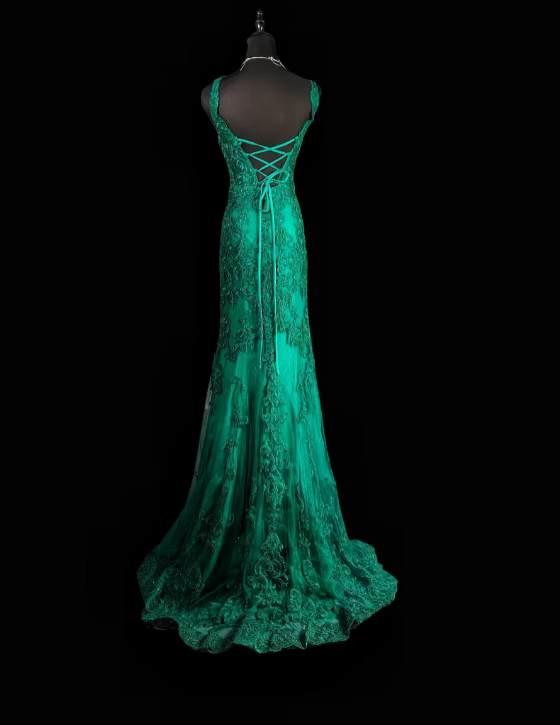 Elegant V-neck Mermaid Green Long Prom Dresses Beaded Applique Tulle Green Evening Dresses ED04937