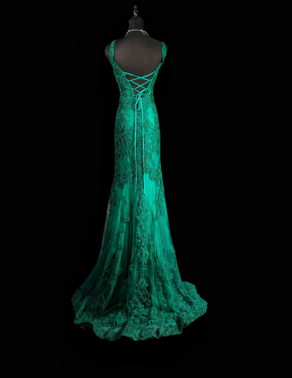 Elegant V-neck Mermaid Green Long Prom Dresses Beaded Applique Tulle Green Evening Dresses ED04937