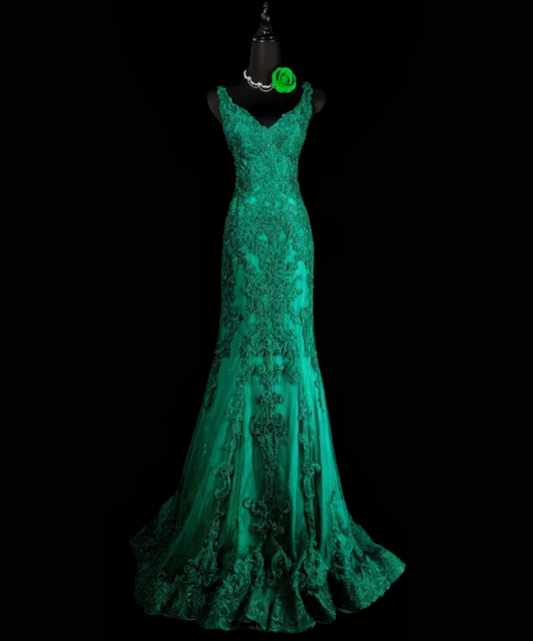 Elegant V-neck Mermaid Green Long Prom Dresses Beaded Applique Tulle Green Evening Dresses ED04937