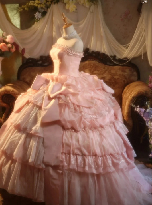 Fairy Strapless Ball Gown Pink Long Prom Dresses Lace Pink Quinceanera Dresses Sweet 16 Dress ED04940