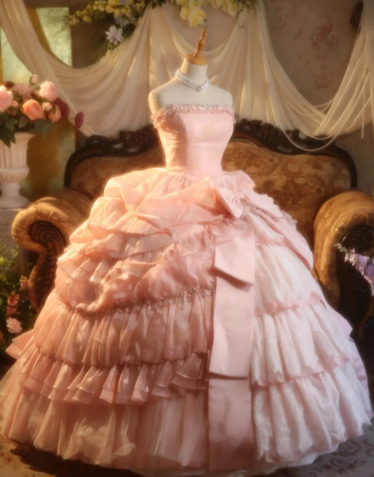 Fairy Strapless Ball Gown Pink Long Prom Dresses Lace Pink Quinceanera Dresses Sweet 16 Dress ED04940