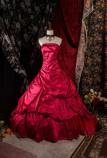 Fairy Strapless Ball Gown Burgundy Long Prom Dresses Satin Burgundy Quinceanera Dresses Sweet 16 Dress ED04941