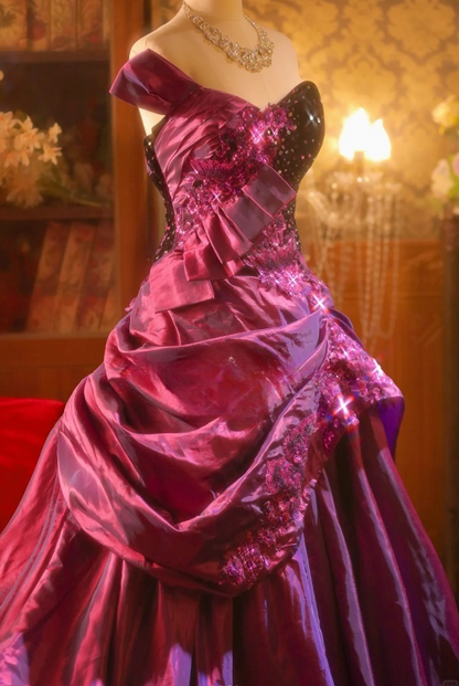 Cute One Shoulder Ball Gown Fuchsia Long Prom Dresses Satin Sequin Fuchsia Quinceanera Dresses Sweet 16 Dress ED04943