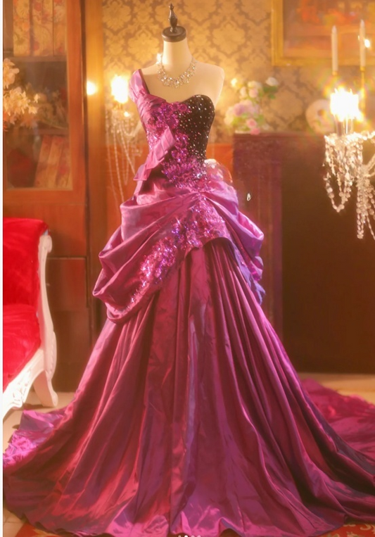 Cute One Shoulder Ball Gown Fuchsia Long Prom Dresses Satin Sequin Fuchsia Quinceanera Dresses Sweet 16 Dress ED04943