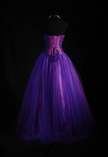 Cute Strapless Ball Gown Purple Long Prom Dresses Tulle Purple Evening Dresses ED04944