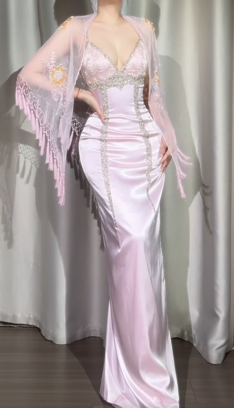 Elegant Spaghetti Strap Sheath Pink Long Prom Dresses Beaded Satin Pink Evening Dresses ED04945