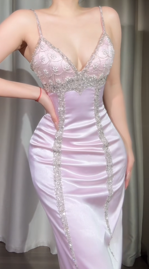 Elegant Spaghetti Strap Sheath Pink Long Prom Dresses Beaded Satin Pink Evening Dresses ED04945