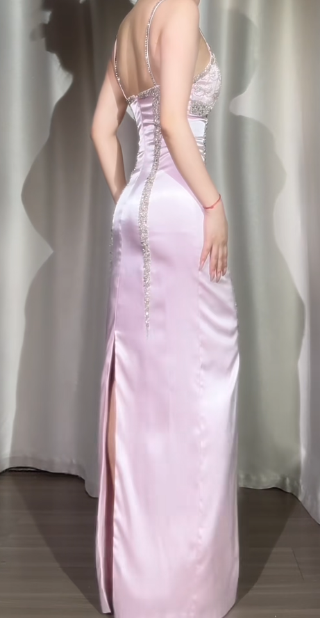 Elegant Spaghetti Strap Sheath Pink Long Prom Dresses Beaded Satin Pink Evening Dresses ED04945