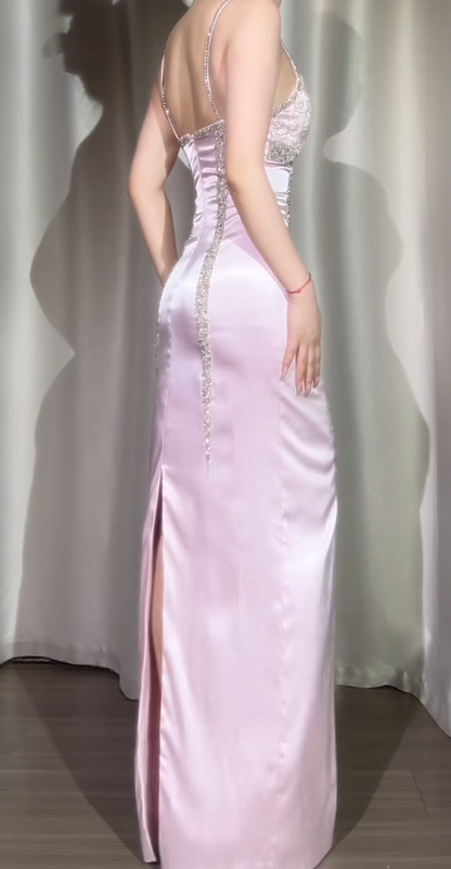 Elegant Spaghetti Strap Sheath Pink Long Prom Dresses Beaded Satin Pink Evening Dresses ED04945