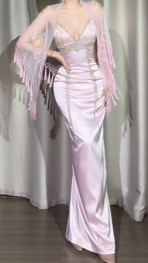 Elegant Spaghetti Strap Sheath Pink Long Prom Dresses Beaded Satin Pink Evening Dresses ED04945