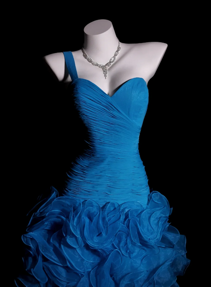 Elegant One Shoulder Sheath Blue Hi-lo Prom Dresses Tulle Blue Evening Dresses ED04946