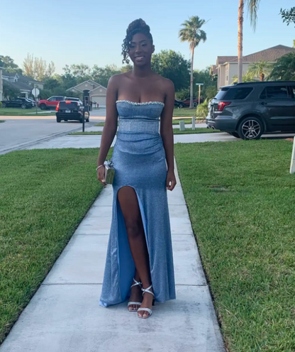 Chic Strapless Sheath Blue Long Prom Dresses Glitter Chiffon Blue Evening Dresses with Slit ED04948