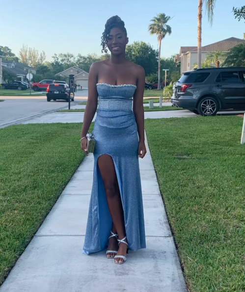 Chic Strapless Sheath Blue Long Prom Dresses Glitter Chiffon Blue Evening Dresses with Slit ED04948