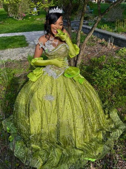 Fairy Sweetheart Ball Gown Green Long Prom Dresses Sparkly Rhinestone Tulle Green Sweet 16 Dress ED04952