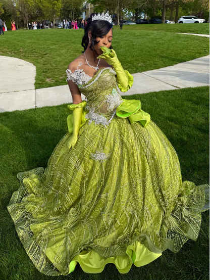 Fairy Sweetheart Ball Gown Green Long Prom Dresses Sparkly Rhinestone Tulle Green Sweet 16 Dress ED04952
