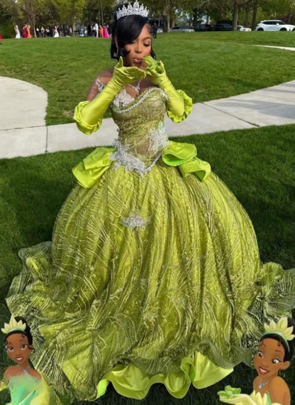 Fairy Sweetheart Ball Gown Green Long Prom Dresses Sparkly Rhinestone Tulle Green Sweet 16 Dress ED04952