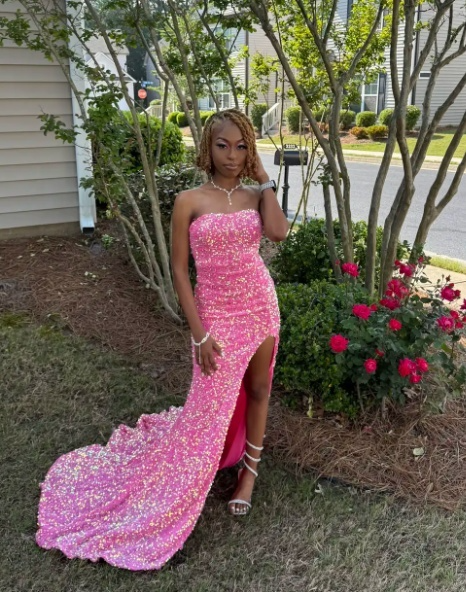 Elegant Strapless Sheath Pink Long Prom Dresses with Slit Sequins Pink Formal Dresses ED04958