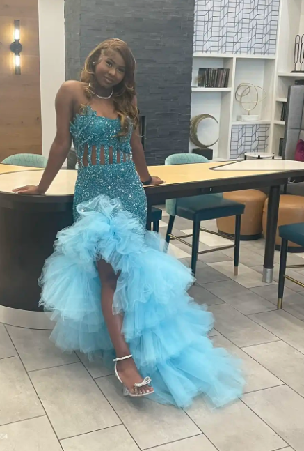 Sexy Strapless Sheath Blue Long Prom Dresses Sequin Blue Formal Dresses ED04959