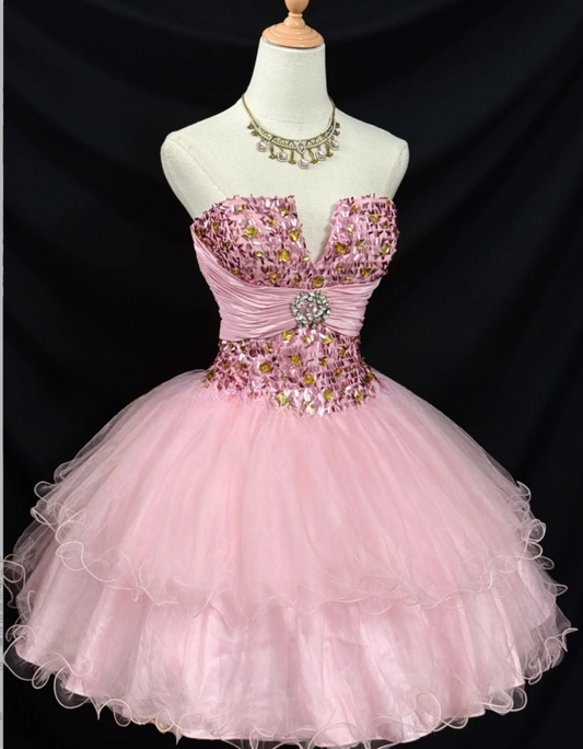 Cute Strapless Ball Gown Tulle Pink Short Prom Dresses Sequined Homecoming Dresses Pink Birthday Dresses ED04963