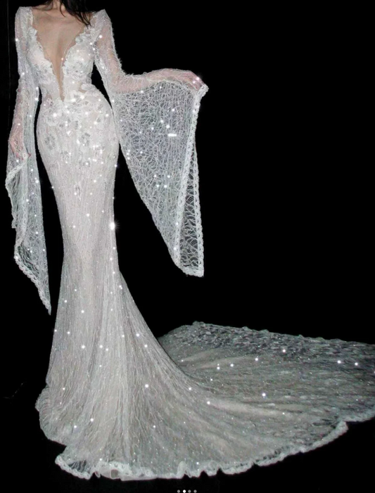 Timeless V-neck Mermaid Wedding Dresses Lace Beading White Bridal Gowns Long Sleeves Backless Bridal Dresses ED04964