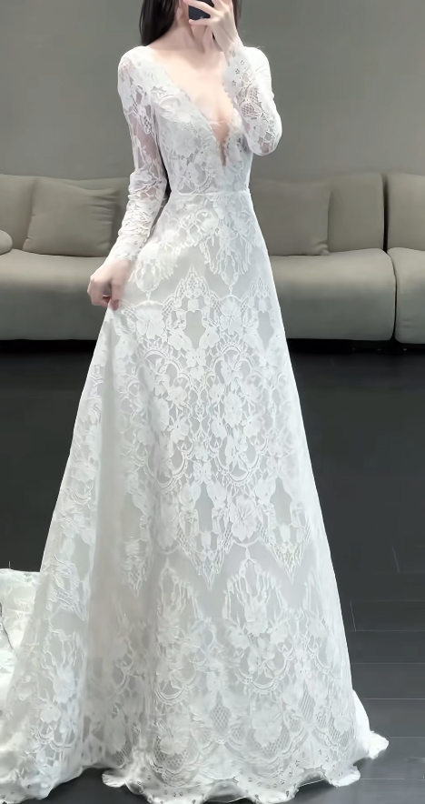 Timeless V-neck Mermaid Wedding Dresses with Train Lace Applique White Bridal Gowns Long Sleeve Bridal Dresses ED04966
