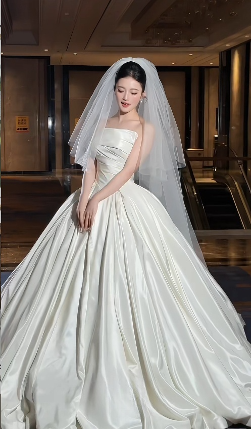 Simple Strapless Ball Gown Long Wedding Dresses Satin White Bridal Gowns Sleeveless Bridal Dresses ED04968