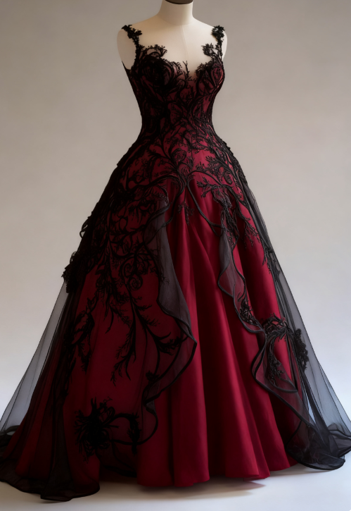 Gothic Strap Ball Gown Lace Long Prom Dresses Burgundy Sweet 16 Dresses ED04971
