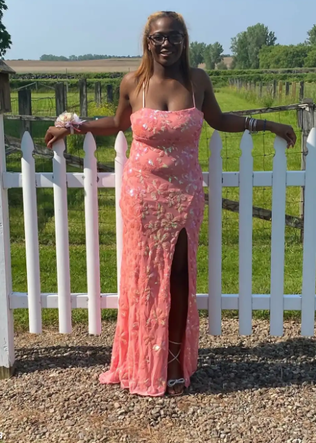 Gorgeous Spaghetti Strap Sheath Long Prom Dresses Glitter Coral Pink Evening Dresses with Slit ED04975