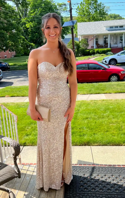 Gorgeous Sweetheart Neck Sheath Long Prom Dresses Sequin Champagne Evening Dresses with Slit ED04976