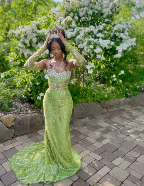 Fairy Sweetheart Neck Sheath Long Prom Dresses Tulle Sequins Green Evening Dresses ED04980