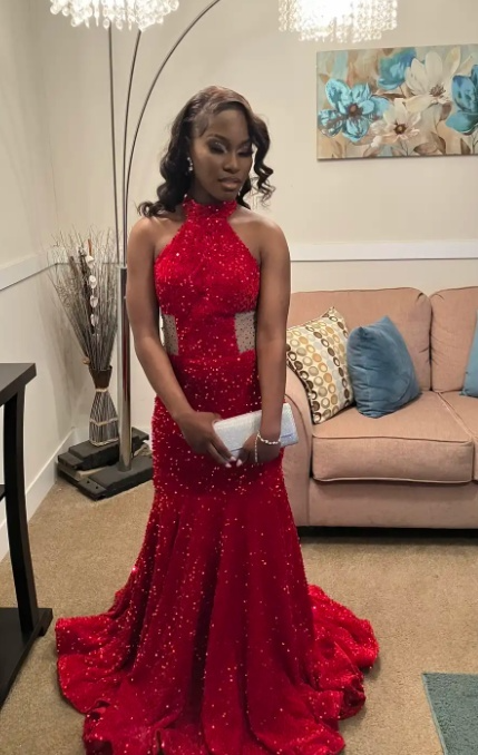 Elegant Halter Mermaid Long Prom Dresses Velvet Sequin Burgundy Evening Dresses  ED04984