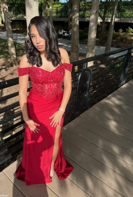 Elegant Off-Shoulder Sheath Long Prom Dresses Applique Satin Red Evening Dress with Slit  ED04986