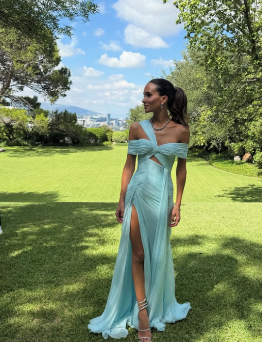 Elegant Asymmetric Neck Sheath Long Prom Dresses Chiffon Tiffany Blue Evening Dresses ED04988
