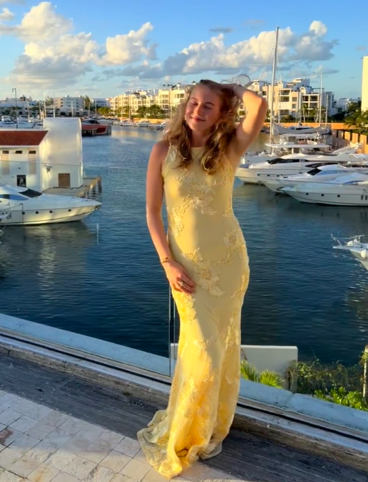 Gorgeous Spaghetti Strap Sheath Long Prom Dresses Tulle Applique Yellow Wedding Guest Dresses ED04991